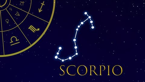 Scorpio sign constellation in star field with astrological wheel.