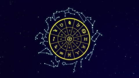 Zodiac signs and constellations rotating in star field.