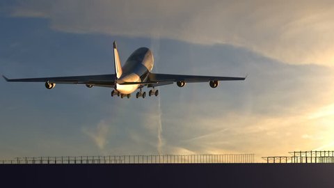 Large passenger airplane taking off against beautiful sunset