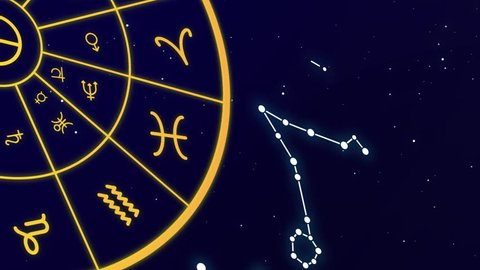 Zodiac signs and constellations rotating in star field.