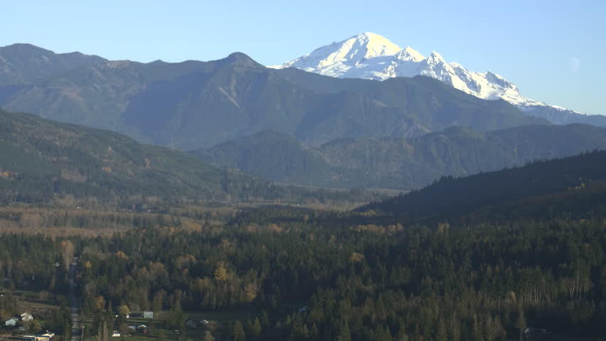 View of Mt Baker Mountain Peak From Aerial Flight Above Whatcom County Forest Valley
