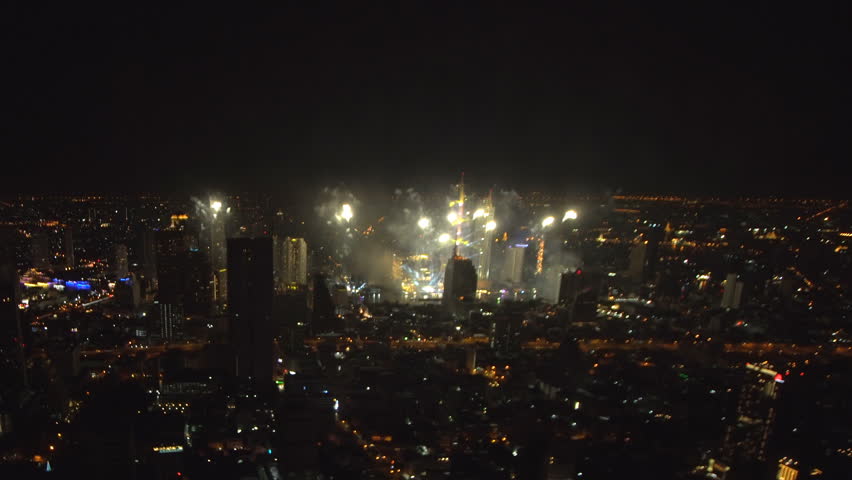 Ariel view, new year 2019 fireworks celebration on Chao Phraya river in Bangkok, Thailand.  Asian,