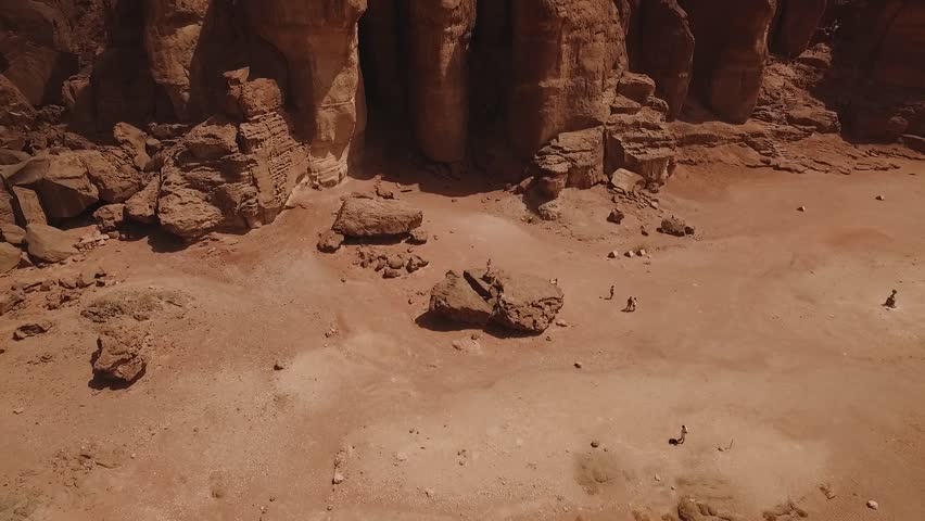 Timna Park in Israel next to Eilat. Shot with a drone. Desert looking landscape. Solomons Pillars