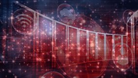 Digital composite of animation of digital servers against dark background with sparks going up - Powered by Shutterstock - Get 15% off with code: PIKWIZARD15