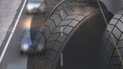 Animated street in urban city against animated car wheels background