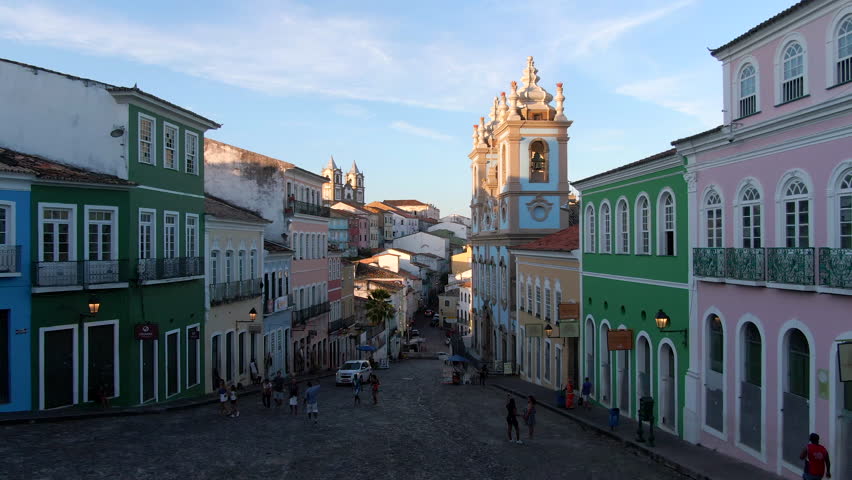 Salvador da Bahia, Brazil, aerial view of the historical district of Pelourinho showing colourful colonial buildings at sunset. Royalty-Free Stock Footage #1022046772