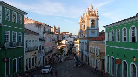 Salvador da Bahia, Brazil, aerial view of the historical district of Pelourinho showing colourful colonial buildings at sunset.