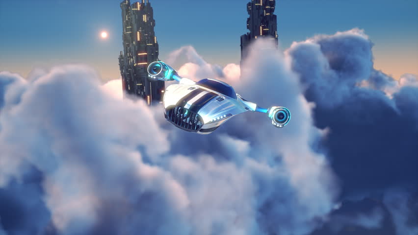 Futuristic personal air car flying above clouds and skyscraper towers. Panoramic science fiction theme. | Shutterstock HD Video #1022047030