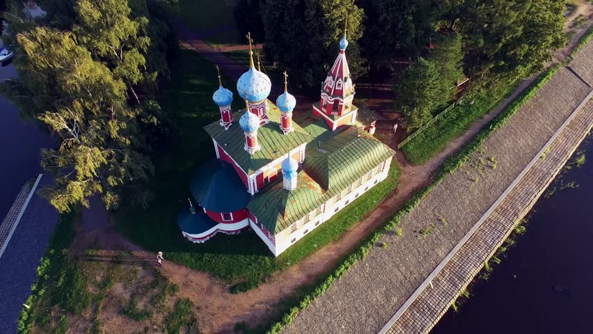 Stunning view of Uglich at Volga river, Russia, made with drone. Uglich is a part of Golden Ring