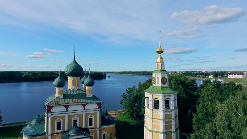 Stunning view of Uglich at Volga river, Russia, made with drone. Uglich is a part of Golden Ring