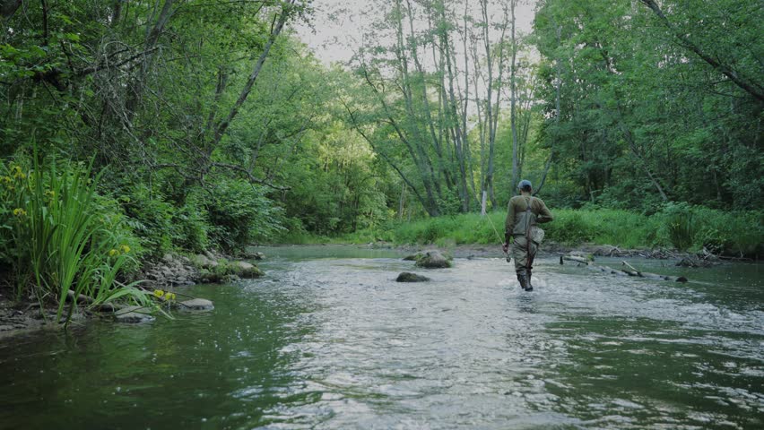 Fisherman walking upstream in mountain river.