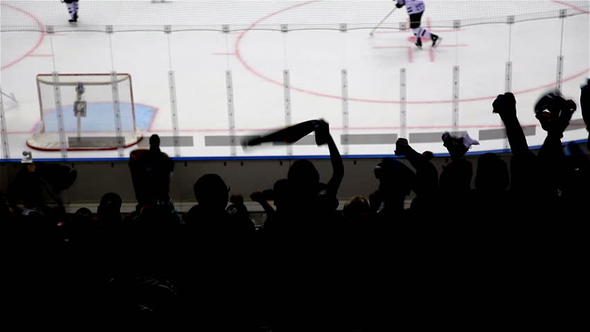 Silhouettes of fans rejoice at a goal in hockey. Royalty-Free Stock Footage #1022052736