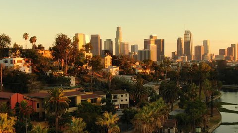 Los Angeles, California, USA - Oct 8 2018: Los Angeles Downtown from Echo Park Aerial Telephoto Shot Sunset