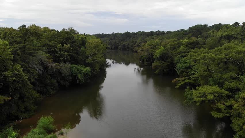 Drone footage flying from the San Jacinto River over the forest near Houston, Texas long clip