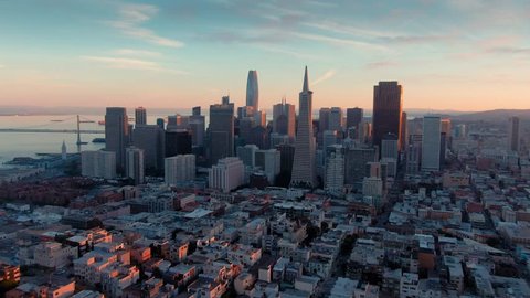 Aerial Drone Of The San Francisco City Skyline at sunset