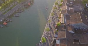 Aerial view of Hoi An old town or Hoian ancient town. Royalty high-quality free stock video footage top view of Hoai river and boat traffic Hoi An. Hoi An is one of the most popular destination  trave