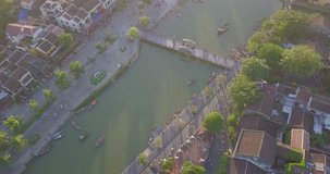 Aerial view of Hoi An old town or Hoian ancient town. Royalty high-quality free stock video footage top view of Hoai river and boat traffic Hoi An. Hoi An is one of the most popular destination  trave