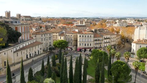 View on Montpellier. It is a city in southern France and the capital of the Hérault department. Located near the south coast of France on the Mediterranean Sea. Filmed in december. Daylight.