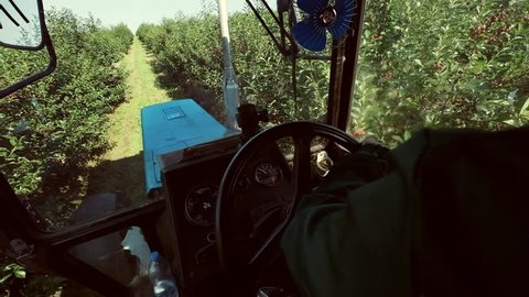 Tractor Works In The Orchard. Machine Picks Cherries. View From The Cockpit.