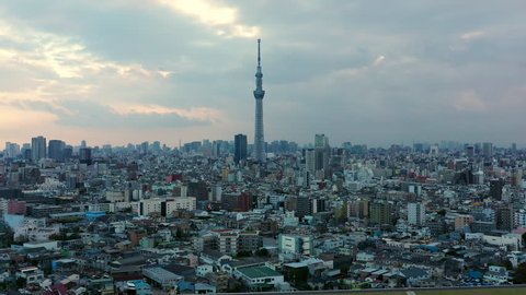 Tokyo Japan 10 Nov 2018 : Aerial view of Tokyo Skytree with Arakawa river and Tokyo city in background.Tokyo Skytree is a broadcasting, restaurant and observation tower in Sumida Japan.