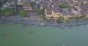 Aerial view of Hoi An old town or Hoian ancient town. Royalty high-quality free stock video footage top view rooftop of Hoi An old town. Hoi An old town is UNESCO world heritage site