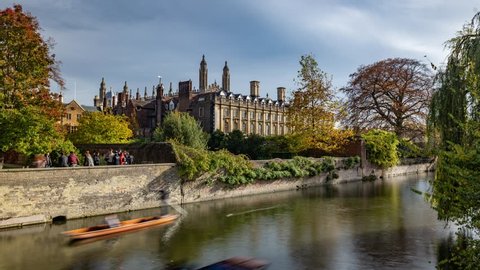 Time lapse view of boats punting on the river Cam in Cambridge