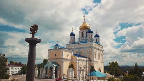 Aerial view of Ascension Cathedral church in Yelets city, Lipetsk region, Russia, 4k