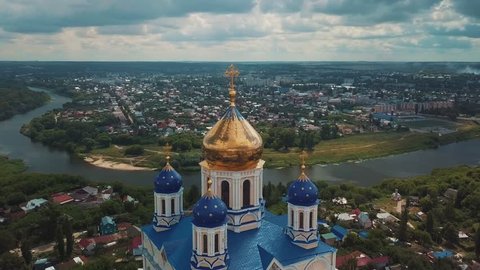 Aerial view of Ascension Cathedral church in Yelets city, Lipetsk region, Russia, 4k