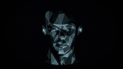 Head Hologram. Virtual Reality Avatar. Artificial Intelligence. Futuristic Interface. 3D Polygonal Mesh. Seamless Loop.