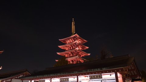 Tokyo, Japan: Asakusa Senso-Ji temple and pagoda 4k night hyperlapse
