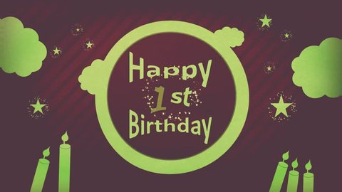 Happy 1st Birthday 4K vintage brownish Motion greeting banner showing sparkling lime-tan text inside moon of old dark red-brown striped fantasy dream sky backdrop with greenish stars, clouds & candles