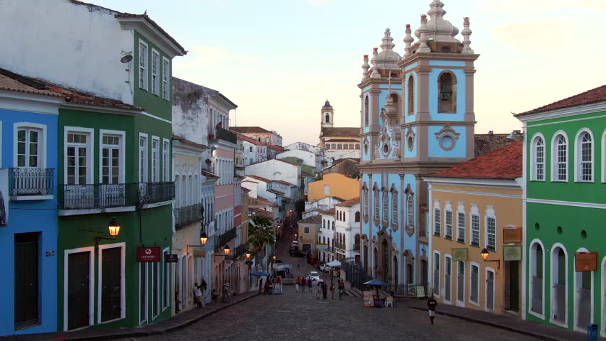 Salvador da Bahia, Brazil, aerial view of the historical district of Pelourinho showing colourful colonial buildings at twilight. Royalty-Free Stock Footage #1022115952