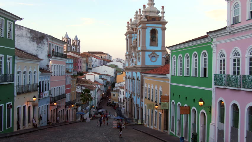 Salvador da Bahia, Brazil, aerial view of the historical district of Pelourinho showing colourful colonial buildings at twilight. | Shutterstock HD Video #1022115952