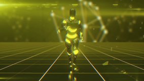 A futuristic humanoid robot, running through a sci-fi grid surface. Seamless loop 3d animation.