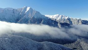 Foggy cloud mountain full of snow and pines. Winter landscape. Aerial drone cinematic footage movie clip video shot in Romania mountains, Bucegi.
