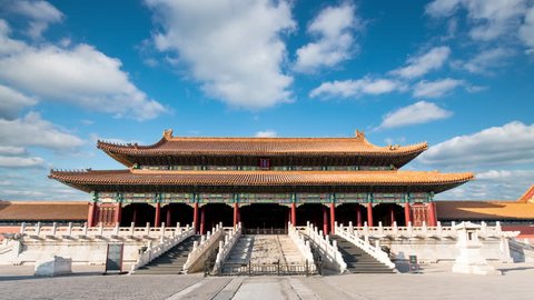 Time-lapse shot of the Taihe Gate in the Forbidden City in Beijing
