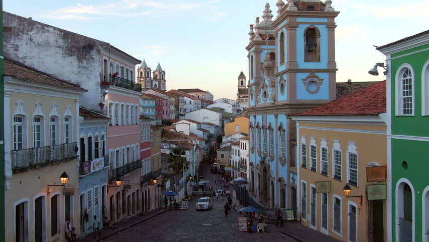 Salvador da Bahia, Brazil, aerial view of the historical district of Pelourinho showing colourful colonial buildings at twilight. Royalty-Free Stock Footage #1022122039