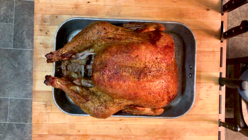 Large delicious looking roast turkey sitting in a pan on a cutting block. Camera moving in for a close up of the crispy skin, mouthwatering holiday meal