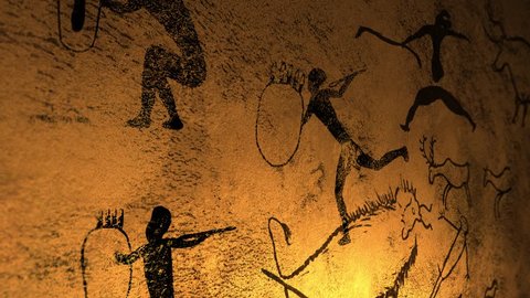 Candelight fire dances over cave paintings in prehistoric cavern 