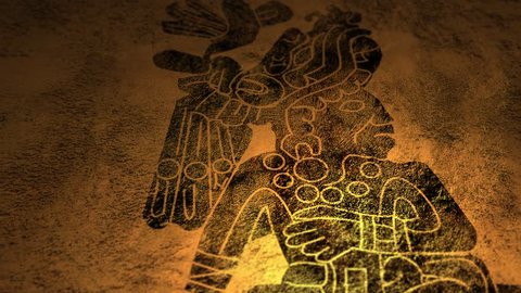 A mysterious Mayan or Aztec symbol on cave wall with candlelight illumination