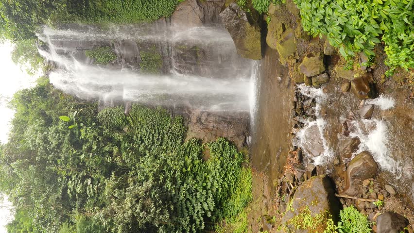 Horisontal Video: Amazing Waterfall in Rainforest Jungle. Bali, Indonesia. 4K, Slowmotion Travel Footage.