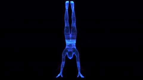 4K Holographic Futuristic Wireframe Android AI Man Handstand Seamless Loop