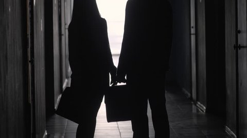 Tilt up shot of silhouettes of businessman and businesswoman standing with briefcases in hallway of office center, talking and shaking hands