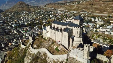 Drone shoot of Valere Basilica and museum in Sion, Switzerland 