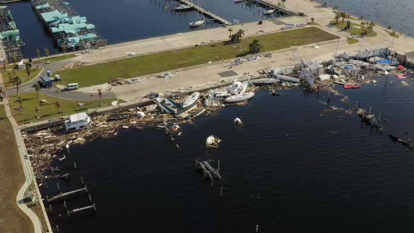 Damage sustained from Hurricane Micheal to the Downtown Panama City FL Marina, Lots of Damaged Boats