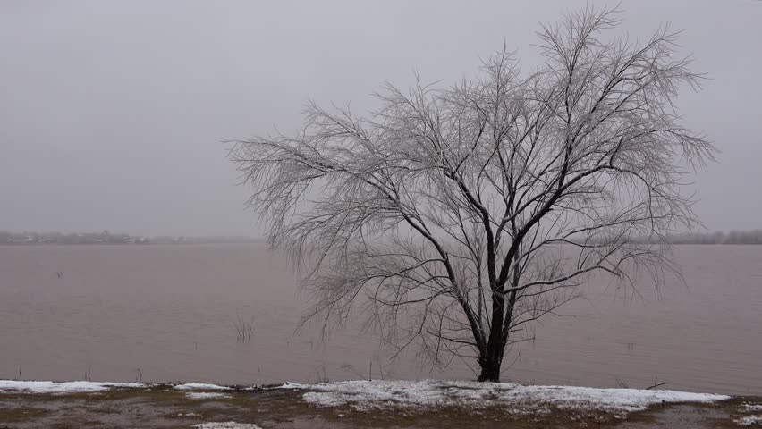 View of winter landscape with the lake in snowy weather.