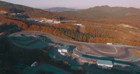 Tilting Aerial Drone Shot of a Race Track in the Mountains of Fukushima Japan.