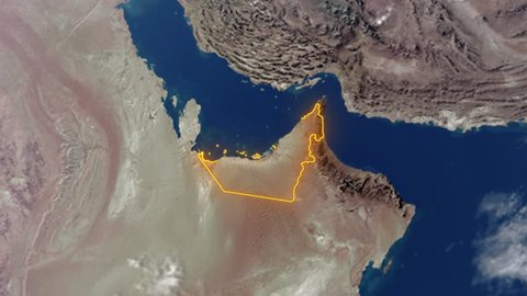 Realistic 3d animated earth showing the borders of the country UAE and the capital Abu Dhabi in 4K resolution