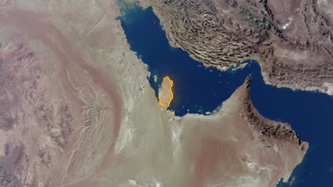 Realistic 3d animated earth showing the borders of the country Qatar and the capital Doha in 4K resolution