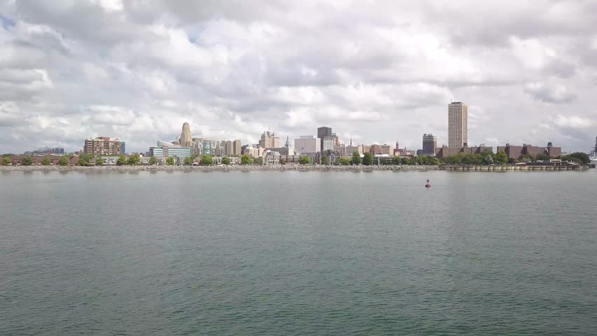 Buffalo, NY Skyline flying in from Lake Erie